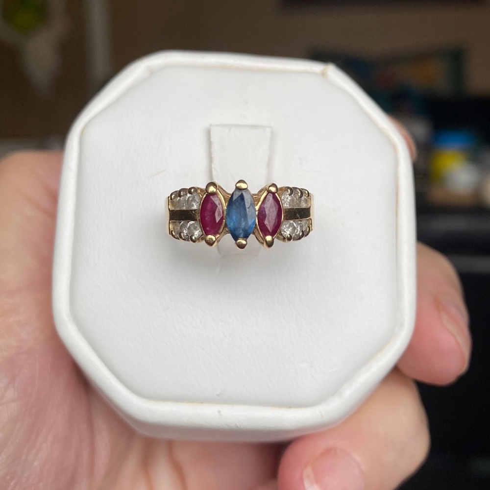 14k Yellow Gold Ring with Ruby, Sapphire and Diamonds